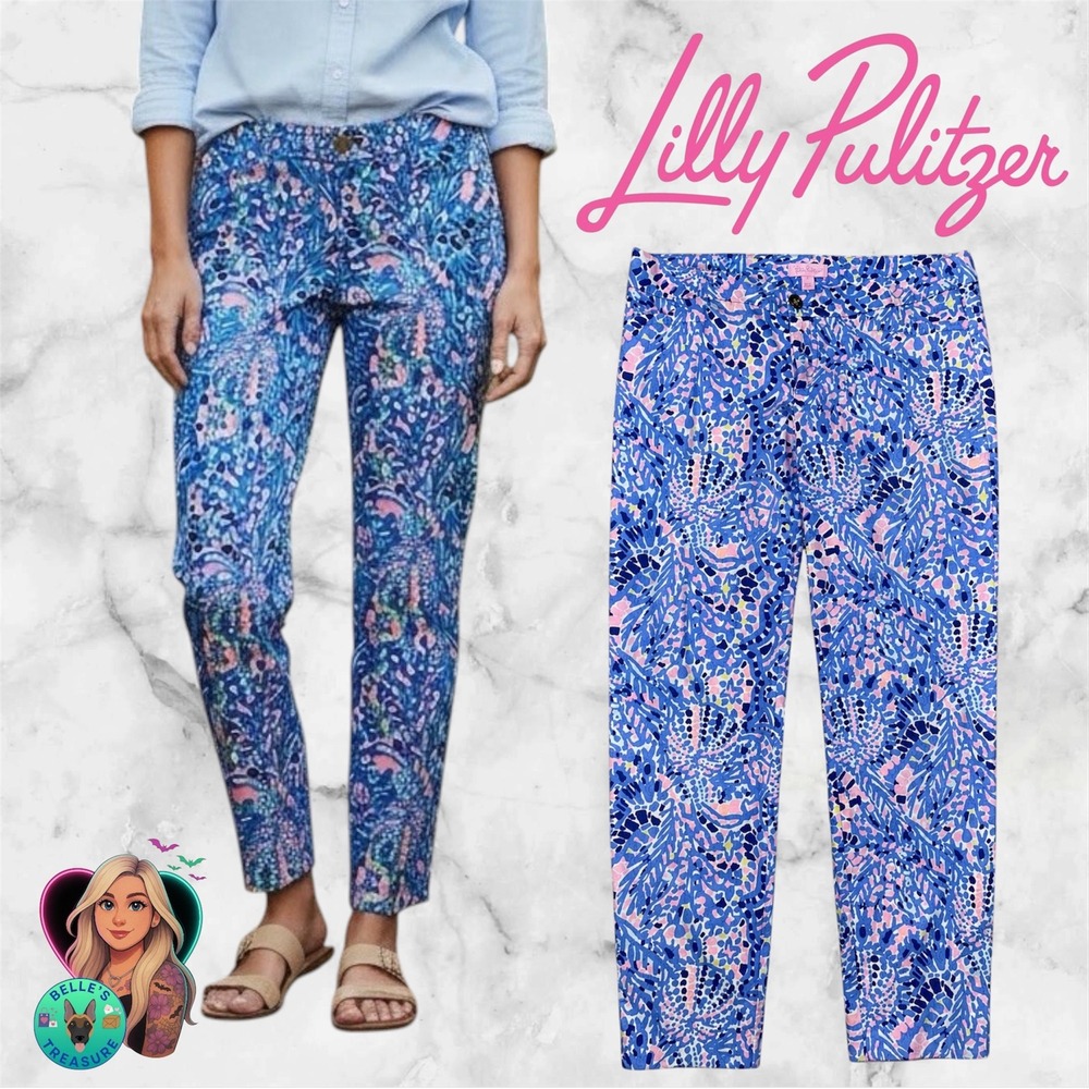 Lilly Pulitzer Women 6 Kelly Ankle Pants Blue Pink Tick Tack Tile Shells Stretch